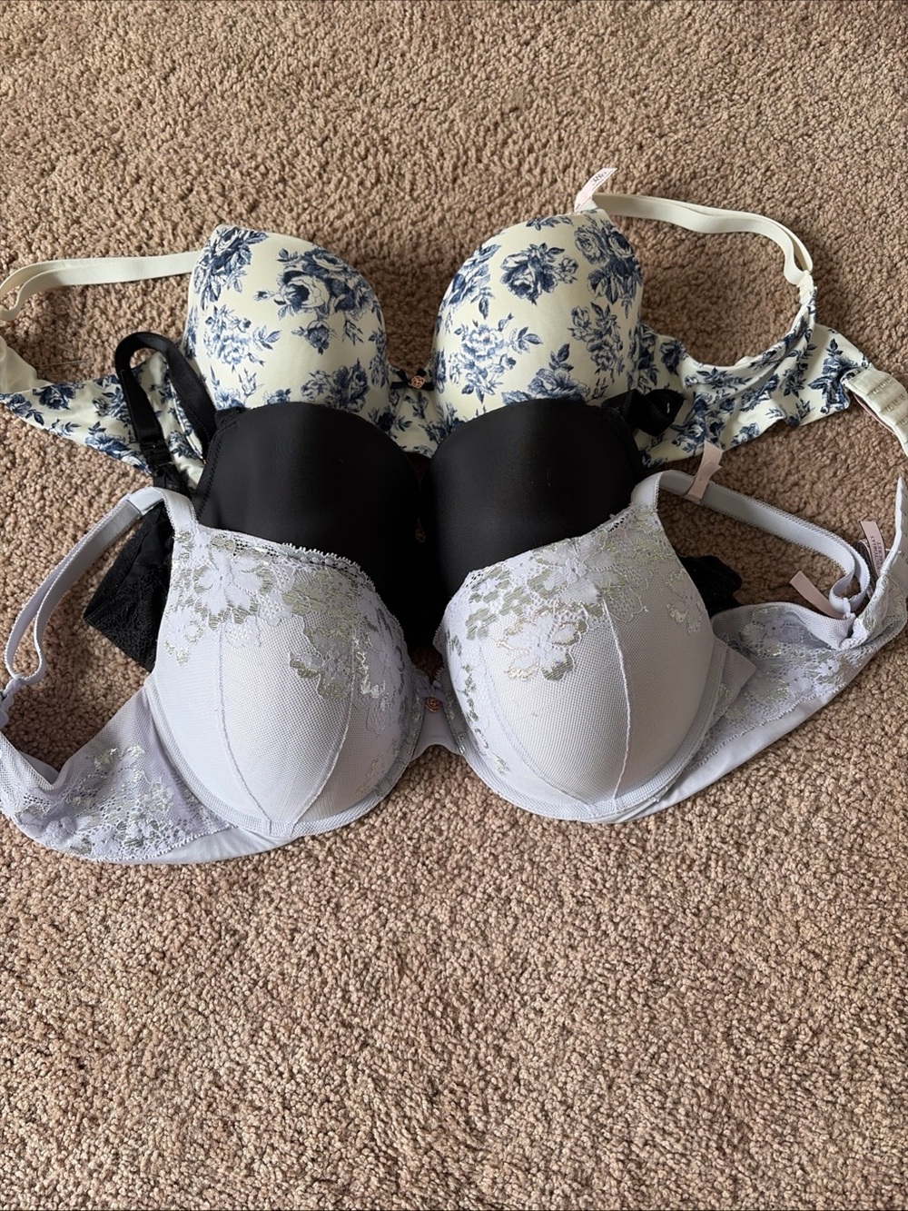 Victoria's Secret Floral Cream & Blue, Black, and Light Gray Lace Bra Trio